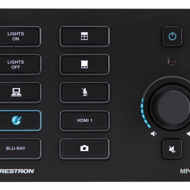 Crestron styrsystem för styrning av bild, ljud och ljus.