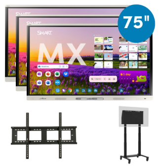 3-pack SMART Board iQ MX Plus 75" med väggfästen och mobila golvstativ för skolor.