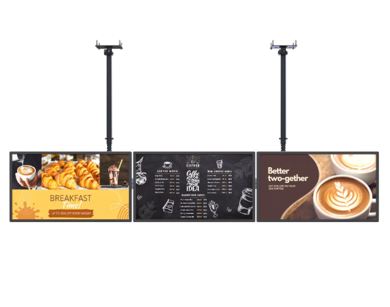 Takmonterade informationsskärmar för att visa lunchmeny.