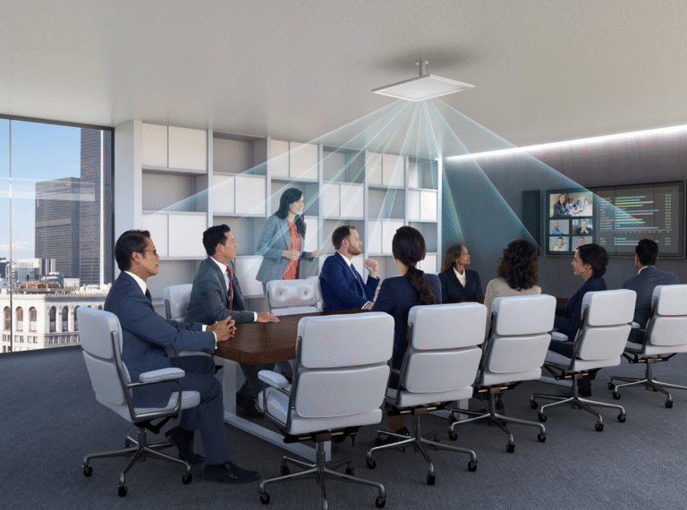 Videokonferensutrustning till stora mötesrum. Kamera, högtalare och takmikrofon för bästa resultat